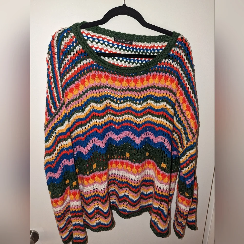 SheIn Chevron Pattern Open Knit Colorblock Sweater - Picture 2 of 7